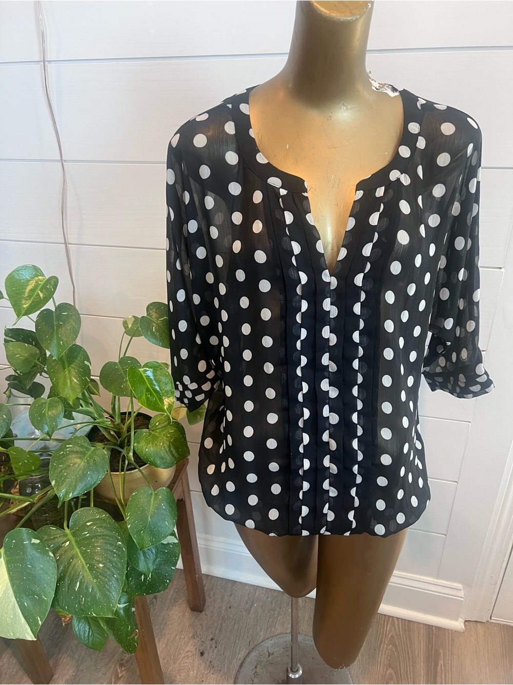 Polka Dot Sheer Button-Back Women’s Top - Black/White Fever brand
